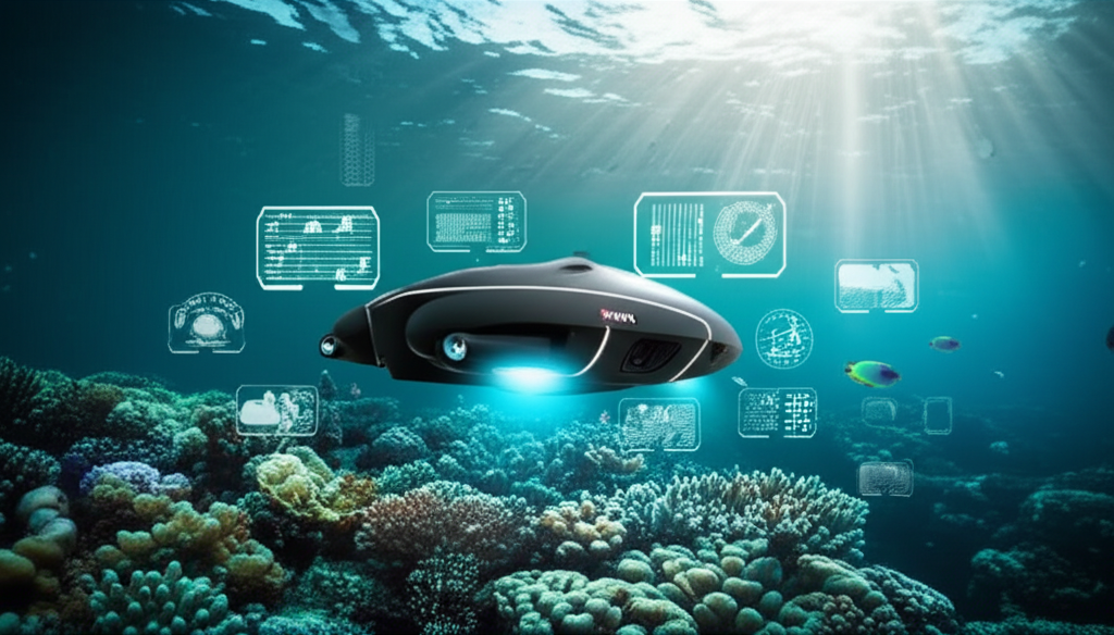 AI-generated image of a futuristic underwater drone scanning a coral reef, representing innovation in ocean technology.