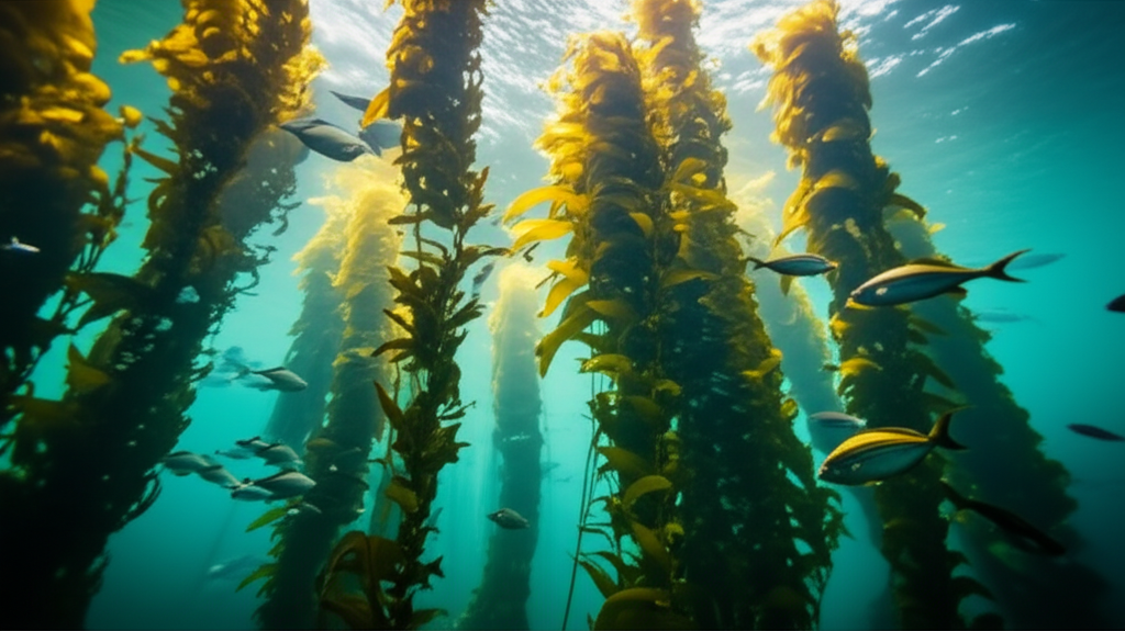 AI-generated image of a vibrant underwater kelp forest, representing nature-based solutions for marine ecosystems.