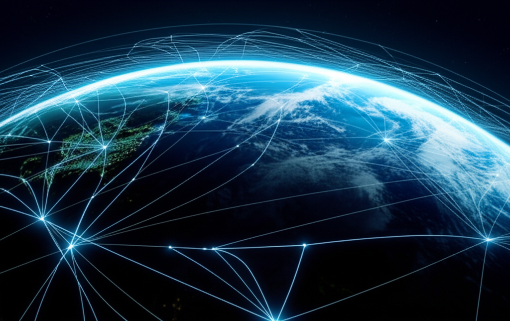 AI-generated image of Earth from space with a luminous, decentralized network over the oceans, symbolizing a global impact network.