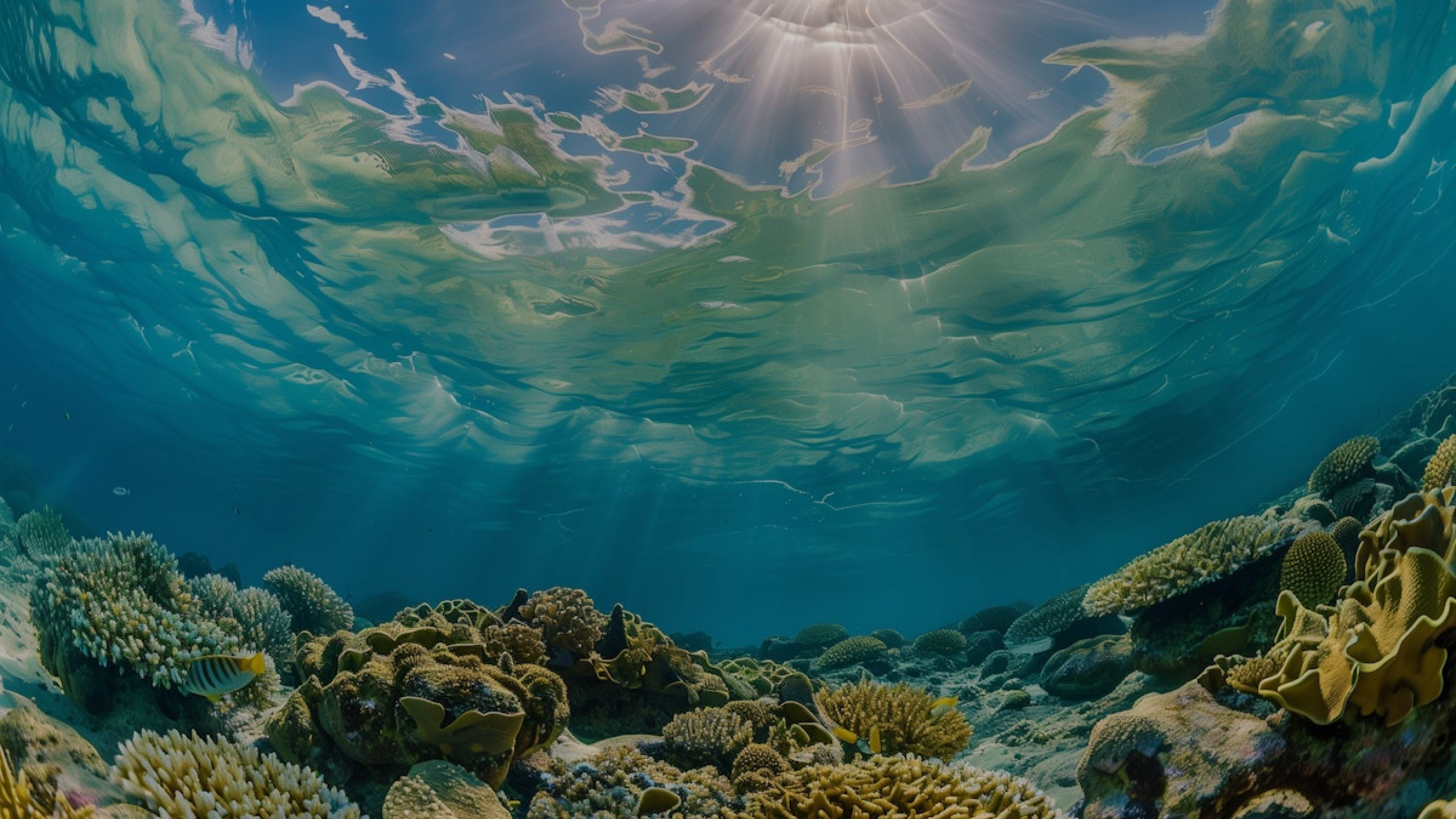 Beautiful underwater coral reef with sunlight filtering through the water