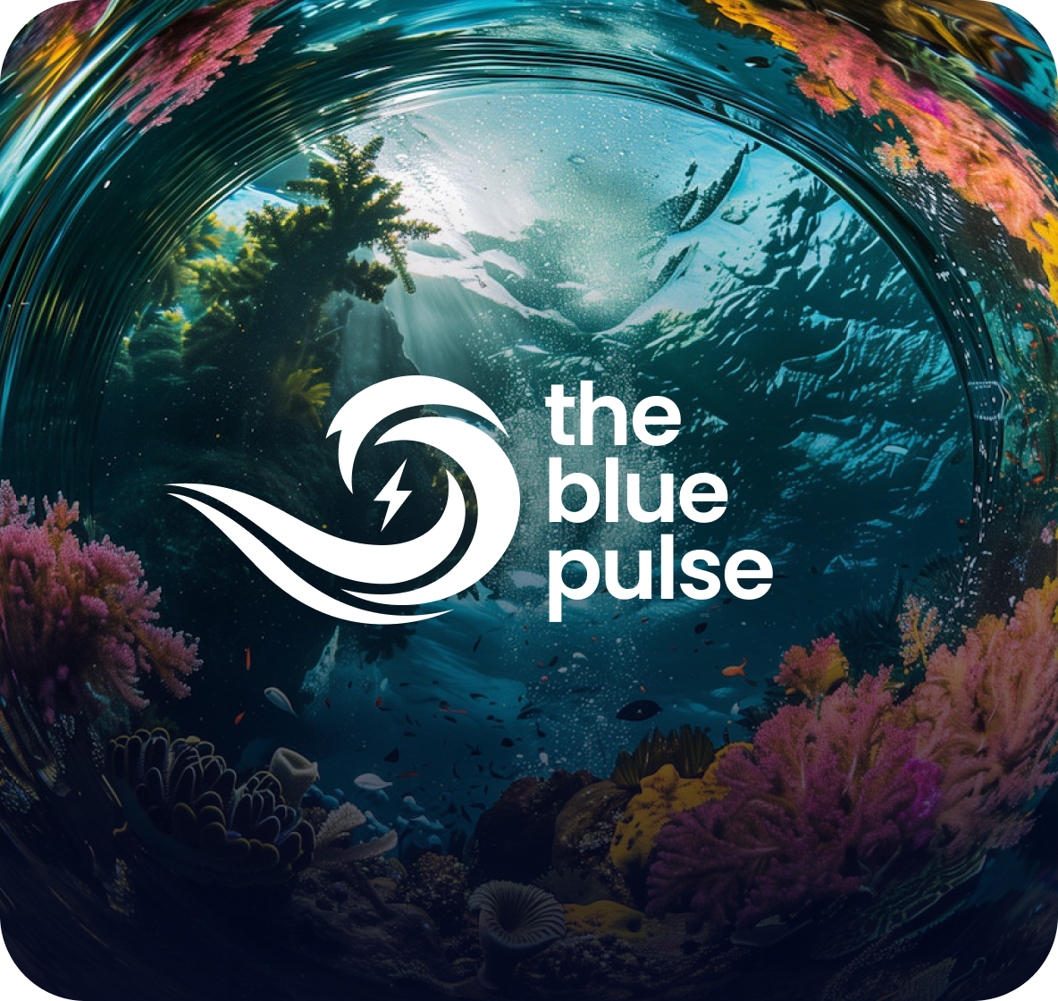 The Blue Pulse logo overlaid on a vibrant underwater coral scene viewed through a wave