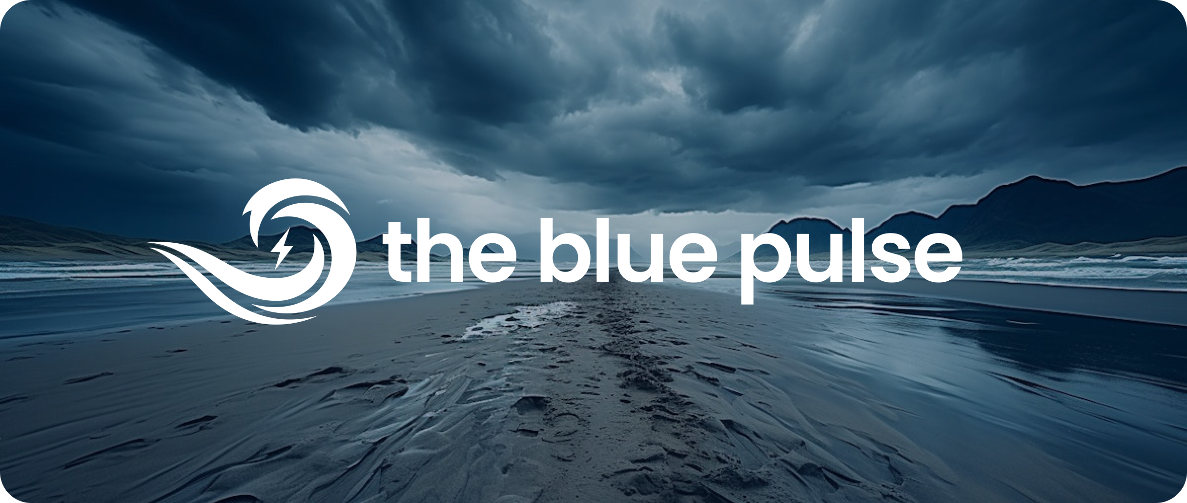 The Blue Pulse logo overlaid on a dramatic coastal scene with a stormy sky